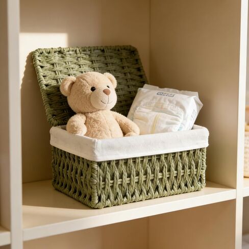Woven Storage Baskets with Lids, Set of 3, Green Paper Rope Wicker Bins, Stackable Shelf Organizer Boxes for Bathroom Closet Nursery in Saudi Arabia