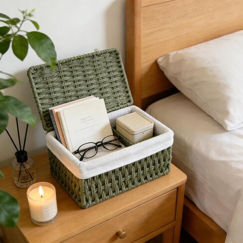 Woven Storage Baskets with Lids, Set of 3, Green Paper Rope Wicker Bins, Stackable Shelf Organizer Boxes for Bathroom Closet Nursery in Saudi Arabia