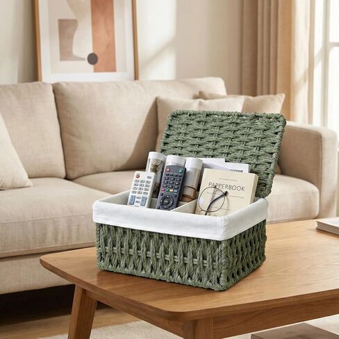 Woven Storage Baskets with Lids, Set of 3, Green Paper Rope Wicker Bins, Stackable Shelf Organizer Boxes for Bathroom Closet Nursery in Saudi Arabia