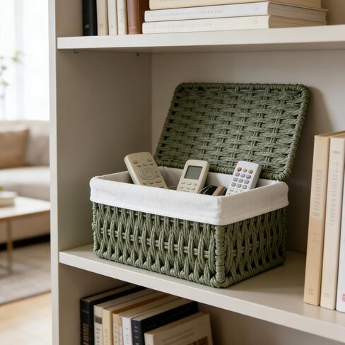 Woven Storage Baskets with Lids, Set of 3, Green Paper Rope Wicker Bins, Stackable Shelf Organizer Boxes for Bathroom Closet Nursery in Saudi Arabia