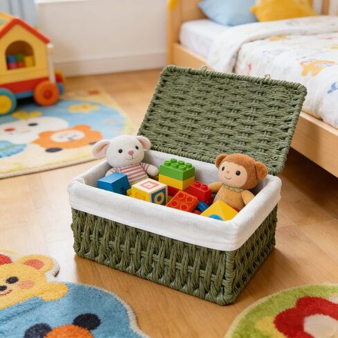 Woven Storage Baskets with Lids, Set of 3, Green Paper Rope Wicker Bins, Stackable Shelf Organizer Boxes for Bathroom Closet Nursery in Saudi Arabia