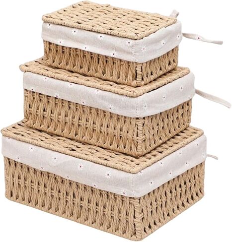 Woven Storage Baskets with Lids, Set of 3, Green Paper Rope Wicker Bins, Stackable Shelf Organizer Boxes for Bathroom Closet Nursery in Saudi Arabia