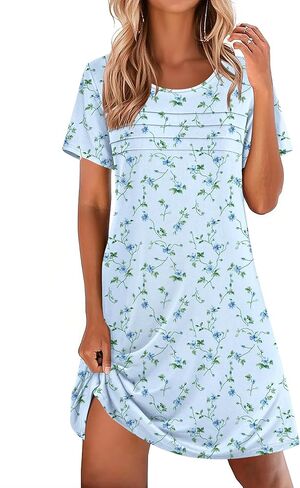 Ekouaer Cotton Nightgowns for Women Short Sleeve Sleep Shirts Pleated Night Shirts Soft Crew Neck Night Gown in Saudi Arabia