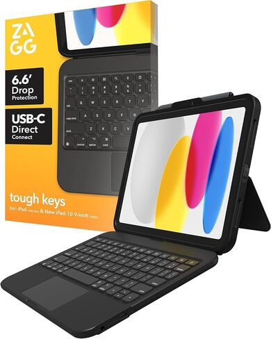 حافظة لوحة المفاتيح ZAGG Tough Keys لجهاز iPad 11 بوصة (A16)/ 10.9 بوصة (الجيل العاشر) - تصميم متين من قطعة واحدة، حماية من السقوط بطول 6.6 أقدام، اتصال مباشر USB-C، حامل أقلام Apple، مقاوم للماء، استخدام تعليمي in Saudi Arabia