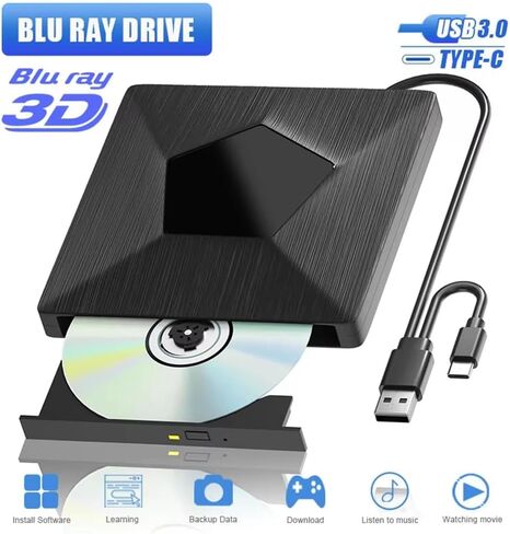 ناسخ أقراص Blu-ray خارجي محمول ثلاثي الأبعاد BD/CD/DVD للكمبيوتر الشخصي والكمبيوتر المحمول - متوافق مع USB 3.0 وType-C من Aboiled in Kuwait