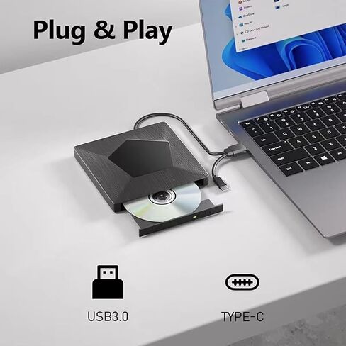 ناسخ أقراص Blu-ray خارجي محمول ثلاثي الأبعاد BD/CD/DVD للكمبيوتر الشخصي والكمبيوتر المحمول - متوافق مع USB 3.0 وType-C من Aboiled in Kuwait