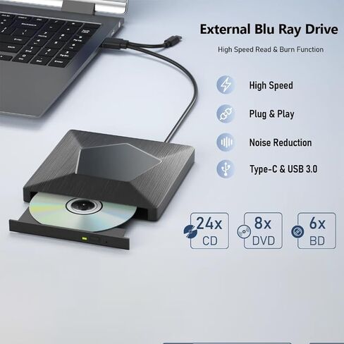ناسخ أقراص Blu-ray خارجي محمول ثلاثي الأبعاد BD/CD/DVD للكمبيوتر الشخصي والكمبيوتر المحمول - متوافق مع USB 3.0 وType-C من Aboiled in Kuwait