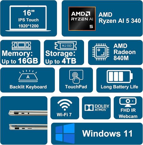 Lenovo Yoga 7 2-in-1 Laptop 16" WUXGA IPS Touch (Glossy Anti-fingerprint) AMD 6-core Ryzen AI 5 340 (Up to 50 TOPS) 16GB RAM 1TB SSD w/Pen For Creator Business Professional Win11 ICP Hub w/Copilot+ AI in Saudi Arabia
