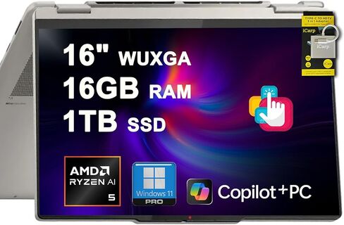 Lenovo Yoga 7 2 في 1 كمبيوتر محمول 16 بوصة WUXGA IPS Touch (لامع مضاد لبصمات الأصابع) AMD 6-core Ryzen AI 5 340 (ما يصل إلى 50 TOPS) 16 جيجابايت ذاكرة الوصول العشوائي 1 تيرابايت SSD مع قلم لـ Creator Business Professional Win11 ICP Hub مع Copilot+ AI in Saudi Arabia