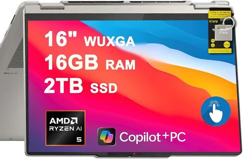 Lenovo Yoga 7 2-in-1 Laptop 16" WUXGA IPS Touch (Glossy Anti-fingerprint) AMD 6-core Ryzen AI 5 340 (Up to 50 TOPS) 16GB RAM 1TB SSD w/Pen For Creator Business Professional Win11 ICP Hub w/Copilot+ AI in Saudi Arabia