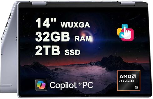 كمبيوتر محمول Dell Inspiron 14 7445 2 في 1 مقاس 14 بوصة WUXGA Comfortview Touch AMD 6-core Ryzen 5 8640HS (>i7-1355U) 16 جيجابايت DDR5 1 تيرابايت SSD بإضاءة خلفية للأعمال المصممة للأعمال الاحترافية Win11Pro Copilot AI in Kuwait