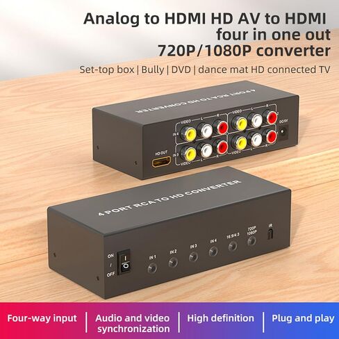 محول RCA إلى HDMI 4 AV (أحمر أصفر أبيض) إلى محول مخرج HDMI، محول RCA صوتي مركب إلى HDMI1080P/720P، مع طاقة، لمشغل Wii/TV/PC/ PS3/ STB/Xbox VHS/VCR/N64/SNES/DVD in Kuwait