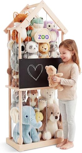 Stuffed Animal Storage Zoo & Stuffed Animal Holder - Wooden Plush Toy Storage for Kids Room | Natural Pine Wood Toy Organizer with Chalkboard and Elastic Cords in Saudi Arabia