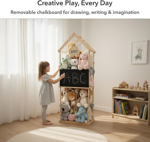 Stuffed Animal Storage Zoo & Stuffed Animal Holder - Wooden Plush Toy Storage for Kids Room | Natural Pine Wood Toy Organizer with Chalkboard and Elastic Cords in Saudi Arabia