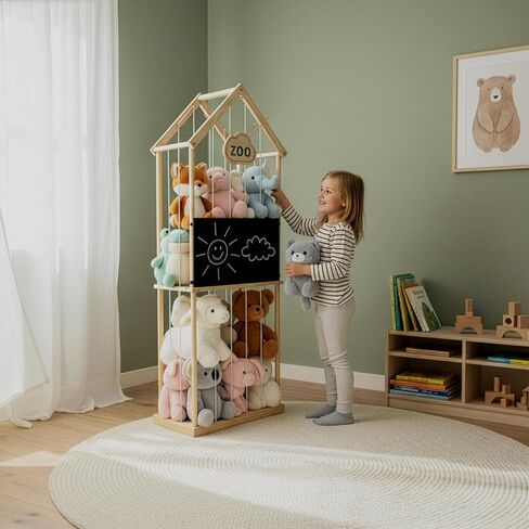 Stuffed Animal Storage Zoo & Stuffed Animal Holder - Wooden Plush Toy Storage for Kids Room | Natural Pine Wood Toy Organizer with Chalkboard and Elastic Cords in Saudi Arabia