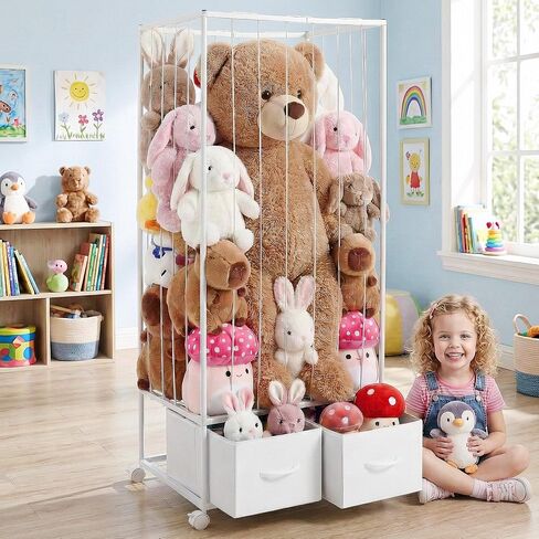 Metal Stuffed Animal Storage & Organizer, Extra Large Stuffed Animal Zoo with 2 Drawers and Wheels, Space Save Toy Organizer for Toddler Rooms, Playrooms & Bedrooms (D24 x W16.5 x H54 inch) in Saudi Arabia