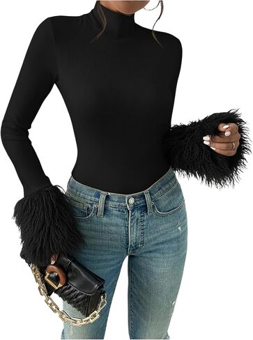 WDIRARA Women's Turtleneck Long Sleeve Bodysuit Tops Fuzzy Ribbed Knit Dressy Jumpsuits in Kuwait