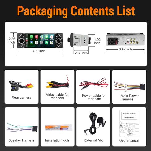 Single Din Car Radio with Apple CarPlay, Backup Camera，External Mic,Single Din Touchscreen Radio Supports Android Auto, Bluetooth, Dual Physical Knobs,SWC, EQ, FM Radio（Black） in Kuwait