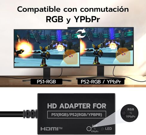 محول Mcbazel HDMI لجهاز PS2/PS1، محول كابل HDMI متوافق مع PlayStation 1/2، يدعم إخراج إشارة Ypbpr/RGB الحقيقي، التوصيل والتشغيل، أسود in Kuwait