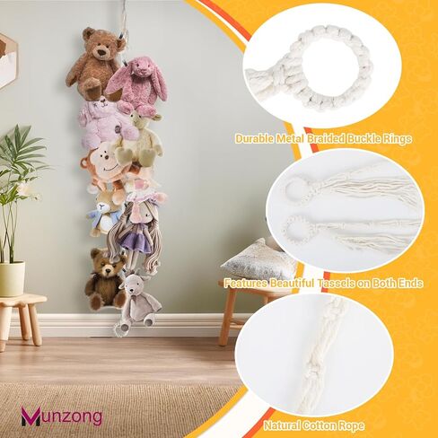 Munzong 80" Beige Hanging Stuffed Animal Storage Chain, Cotton Stuffed Animal Display Holder Plush Qrganizer with 20 Metal Clips for Nursery Room Corner Wall Decor Play Room in Saudi Arabia