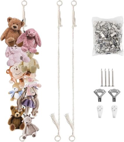 Munzong 80" Beige Hanging Stuffed Animal Storage Chain, Cotton Stuffed Animal Display Holder Plush Qrganizer with 20 Metal Clips for Nursery Room Corner Wall Decor Play Room in Saudi Arabia