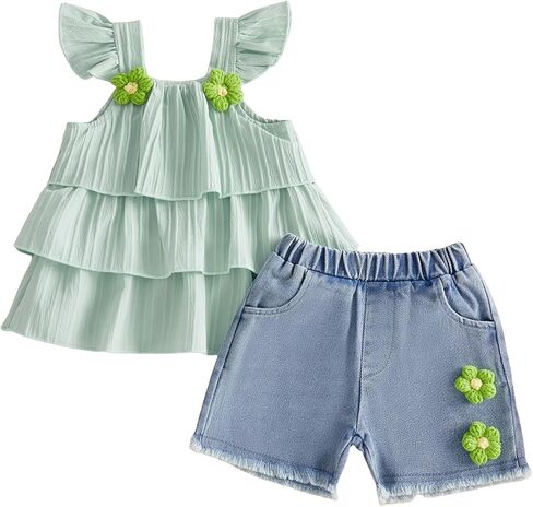 YINGISFITM Toddler Girl Clothes Baby Summer Fly Sleeve Layered Ruffle Dress Shirt Jeans Shorts Floral Outfit Girls Clothing in Saudi Arabia