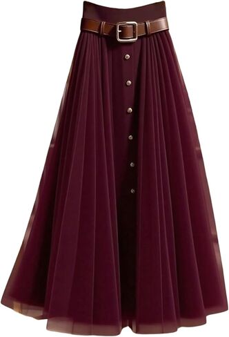 GORGLITTER Women's Mesh Pleated Long Flowy Skirt Fall Boho Color Block Patchwork High Waisted Button Down Maxi Skirts in Saudi Arabia