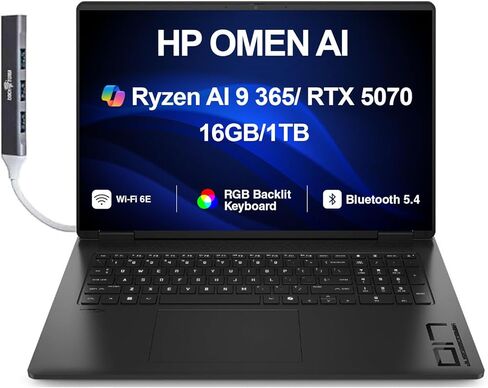 HP OMEN AI Gaming Mame Captop 17.3 "240Hz IPS QHD Display (AMD RYZEN AI 9 365 ، GEFORCE RTX 5070 8GB ، 64GB DDR5 ، 4TB PCIE SSD ، RGB KB ، WIFI 6 ، WebCAM ، Bluetooth 5.4 ، Win 11 in Kuwait