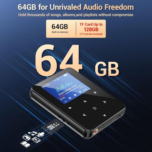 64GB Bluetooth 5.3 MP3 Player, Hi-Fi Lossless Music Player with Speaker, Pocket Size for Running & Workout, FM Radio & Voice Recorder, Supports up to 128GB Micro SD, Ideal Tech Gift in Saudi Arabia