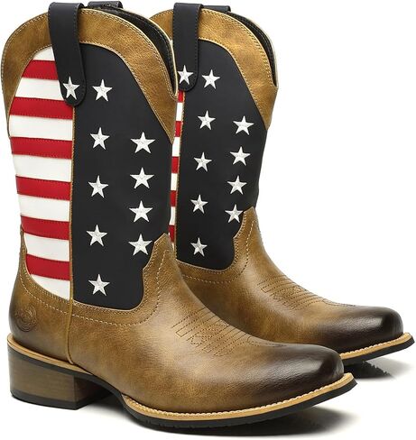 Men's Western Cowboy Boots Mid Calf Pull-On Cowboy Boots For Men US Star Embroidery Rubber Outsole Wide Square Toe Classic Cowboy Style Perfect For Pairing With Jeans & Riding/Casual Wear in Kuwait