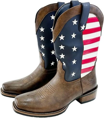 Men's Western Cowboy Boots Mid Calf Pull-On Cowboy Boots For Men US Star Embroidery Rubber Outsole Wide Square Toe Classic Cowboy Style Perfect For Pairing With Jeans & Riding/Casual Wear in Kuwait