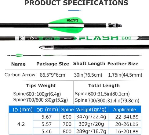 31" Carbon Hunting Arrows Archery Target Practice Arrows with 1.75" Rubber Vanes Spine 600 700 800 Arrows for Recurve Bow and Compound Bow in Kuwait