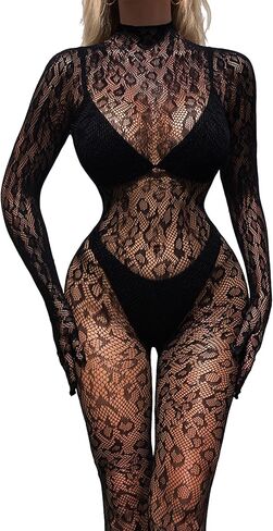 Women's Fishnet Bodysuit Lace Leopard Print Full Body Bodystocking Hollow Mesh One Piece Jumpsuit Party Rave Outfits in Saudi Arabia
