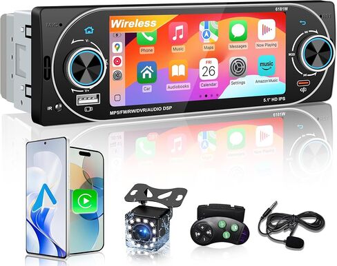 5.1 بوصة ستيريو سيارة فردي لاسلكي Apple CarPlay Android Auto، IPS تعمل باللمس راديو السيارة بلوتوث 5.2، FM/AM/RDS، شحن سريع USB من النوع C، صوت سيارة 4×45 وات، كاميرا احتياطية، يناسب معظم سيارات DIN الفردية in Kuwait