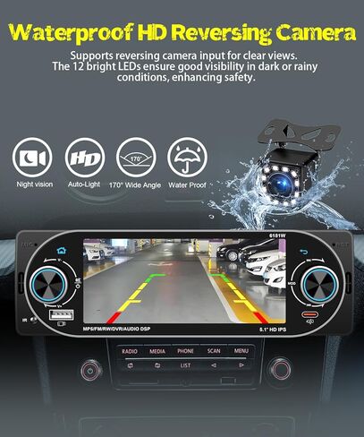 5.1 بوصة ستيريو سيارة فردي لاسلكي Apple CarPlay Android Auto، IPS تعمل باللمس راديو السيارة بلوتوث 5.2، FM/AM/RDS، شحن سريع USB من النوع C، صوت سيارة 4×45 وات، كاميرا احتياطية، يناسب معظم سيارات DIN الفردية in Kuwait