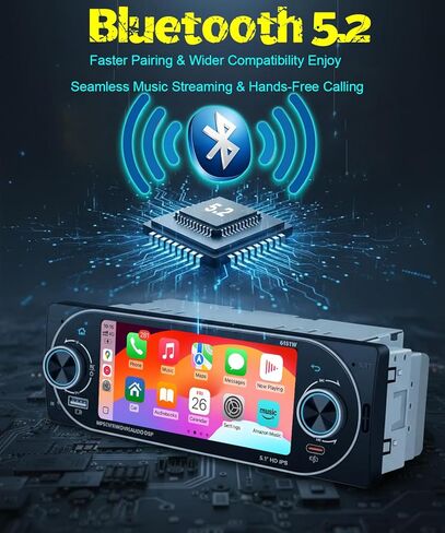 5.1 بوصة ستيريو سيارة فردي لاسلكي Apple CarPlay Android Auto، IPS تعمل باللمس راديو السيارة بلوتوث 5.2، FM/AM/RDS، شحن سريع USB من النوع C، صوت سيارة 4×45 وات، كاميرا احتياطية، يناسب معظم سيارات DIN الفردية in Kuwait