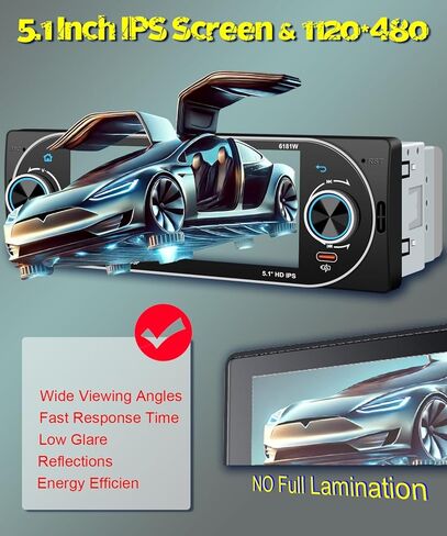 5.1 بوصة ستيريو سيارة فردي لاسلكي Apple CarPlay Android Auto، IPS تعمل باللمس راديو السيارة بلوتوث 5.2، FM/AM/RDS، شحن سريع USB من النوع C، صوت سيارة 4×45 وات، كاميرا احتياطية، يناسب معظم سيارات DIN الفردية in Kuwait