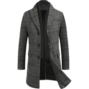 COOFANDY Winter Coats Men's Plaid Pea Coat Black Wool Trench Overcoat Mid-Long Winter Jacket With Warm Scarf (Black Plaid M) in Kuwait