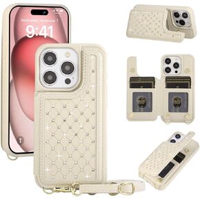 Crossbody Wallet Case for iPhone 16 Pro Max(6.9") with Detachable Strap - PU Leather Flip Folio with Card Slots & RFID Blocking, Sparkling Diamond Accents-Beige in Saudi Arabia