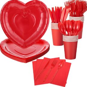 216 Pcs Valentines Day Heart Paper Plates Napkins Set Disposable Tableware Party Supplies, 36 Paper Plates 36 Paper Cups 36 Napkins 108 Plastic Knives, Forks and Spoons(Red) in Kuwait