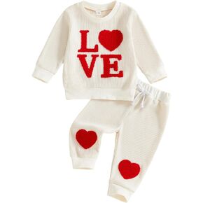Toddler Baby Girl Valentines Outfit Plaid Letter Embroidery Sweatshirt Heart Jogger Pants Fall Winter Baby Set in Kuwait