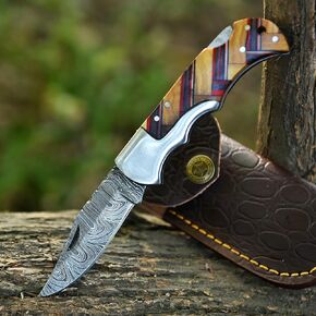 Damascus Folding Knife – Olive Brown Pocket Knife, Handmade Custom Gift for Husband, Boyfriend, Dad, Son, or Groomsmen, Perfect Birthday, Anniversary, Father’s Day & Christmas Gift (Olive-Wood) in Saudi Arabia
