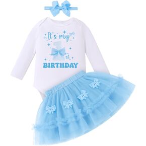 IDOPIP Pink Bow 1st Birthday Outfit Girl Baby Clothes Long Sleeve Romper Tulle Tutu Skirt Headband for Cake Smash Photo Shoot in Kuwait