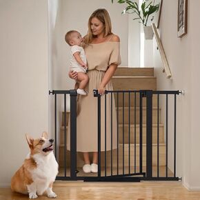 Mumeasy 29.6-46" Baby Gate for Stairs, Pressure Mounted Dog Gate for Doorways, Auto Close Pet Gate for Indoor Use, Extra Wide Child Gate with Walk Thru Door Black, Mom's Choice Awards Winner in Kuwait