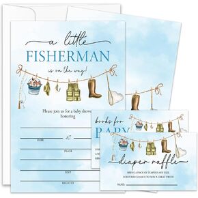 Fishing Baby Shower Invitations, Fisherman Baby Shower Invites for Boy Girl, Diaper Raffle Tickets & Book Request Card, 25 Set With Envelopes, Party Supplies - BSinvite 14 in Kuwait
