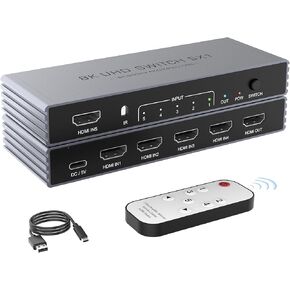 محول HDMI 5 في 1 مخرج، 8K@60 هرتز 4K@240 هرتز، موزع HDMI 2.1، محول HDMI فائق السرعة 48 جيجابت في الثانية مع جهاز تحكم عن بعد، يدعم 3D/HDR10+/HDCP2.3، متوافق مع PS5/4 Xbox Nintendo Switch Apple TV Roku Fire Stick in Kuwait