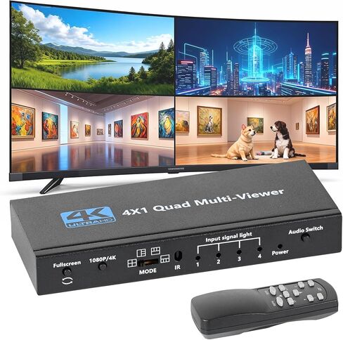 HDMI متعدد المشاهد 4 في 1، محول HDMI 4K سلس مع 9 أوضاع عرض، يدعم 4K 30 هرتز، متتالي، جهاز تحكم عن بعد بالأشعة تحت الحمراء لكاميرات الأمان وأجهزة الألعاب in Kuwait