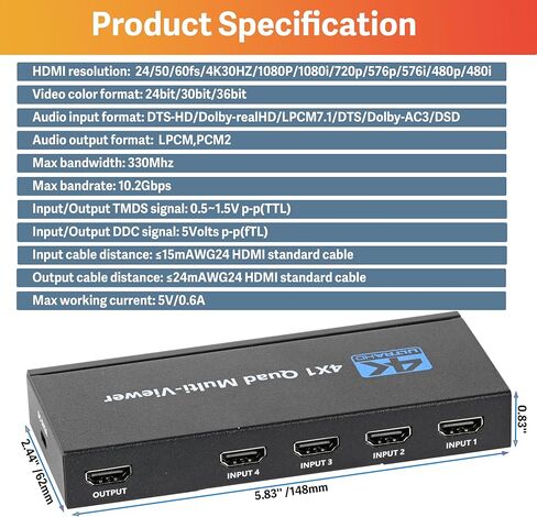 HDMI متعدد المشاهد 4 في 1، محول HDMI 4K سلس مع 9 أوضاع عرض، يدعم 4K 30 هرتز، متتالي، جهاز تحكم عن بعد بالأشعة تحت الحمراء لكاميرات الأمان وأجهزة الألعاب in Kuwait