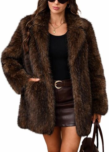 ELLEVEN Women’s Faux Fur Leopard Coat Long Winter Coats, Autumn Notch Lapel Jackets with Pockets in Saudi Arabia