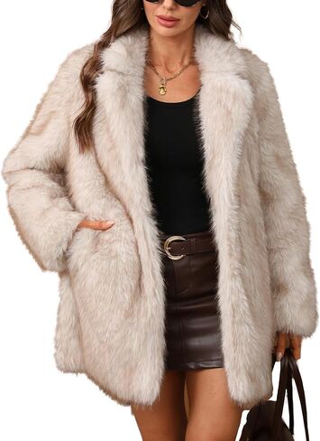 ELLEVEN Women’s Faux Fur Leopard Coat Long Winter Coats, Autumn Notch Lapel Jackets with Pockets in Saudi Arabia
